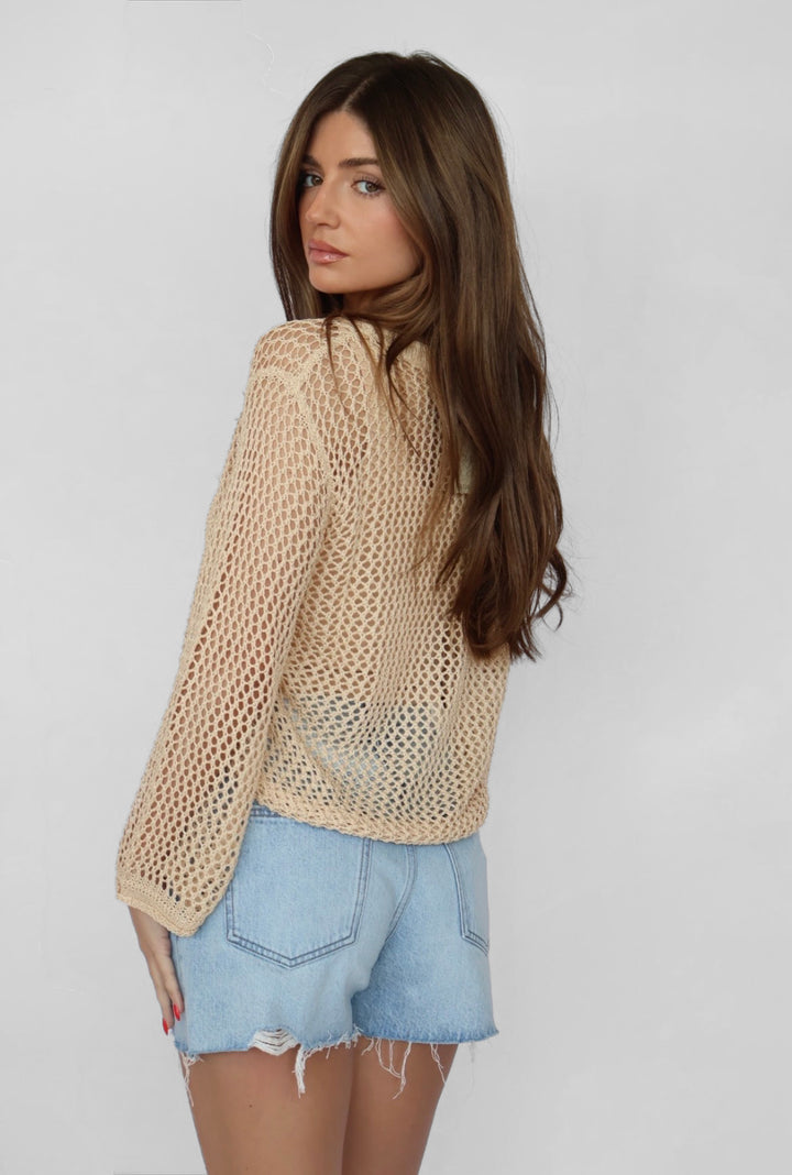 Ruched Side Long Sleeve Open Crochet Top
