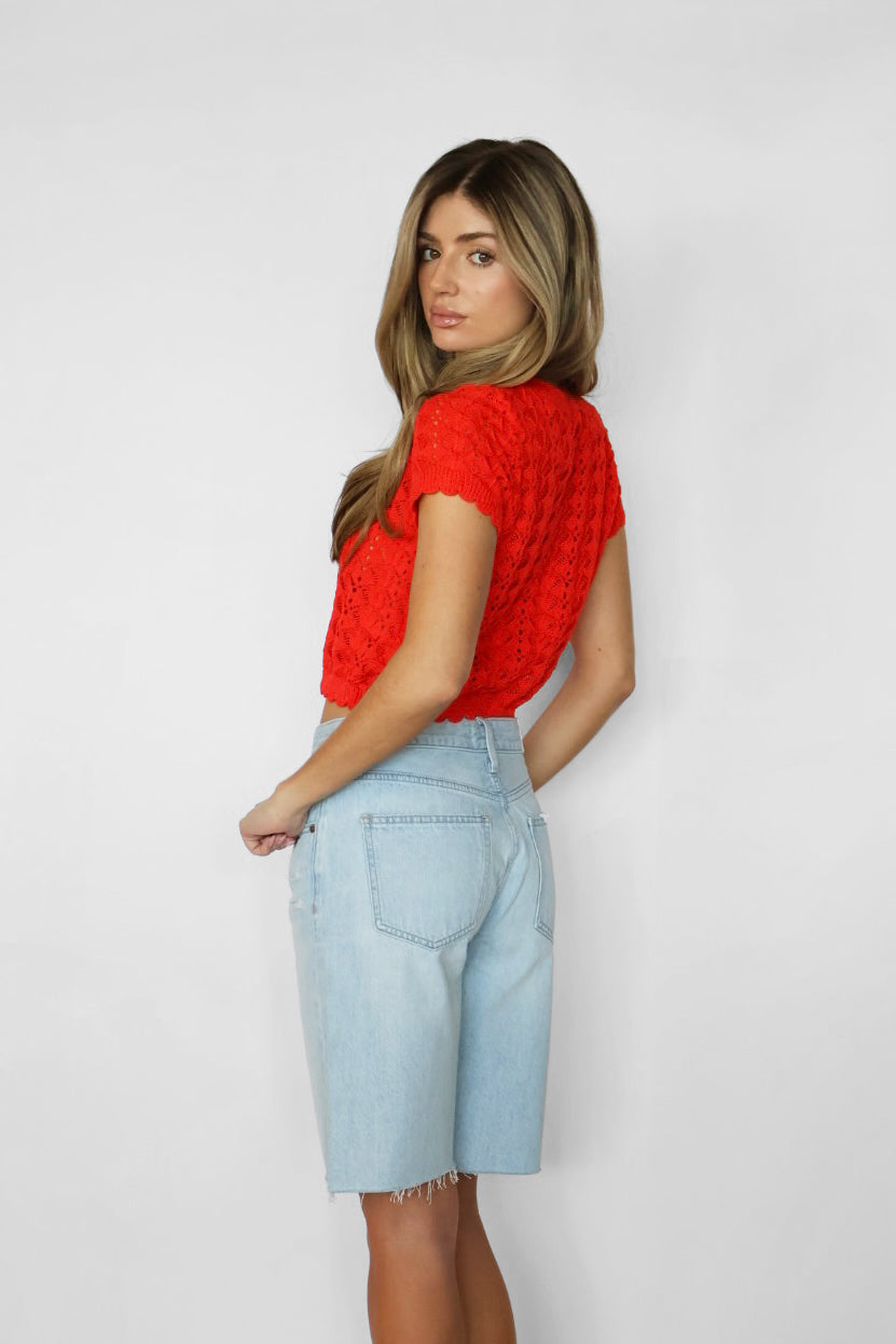 Pointelle Crochet Short Sleeve Cardigan