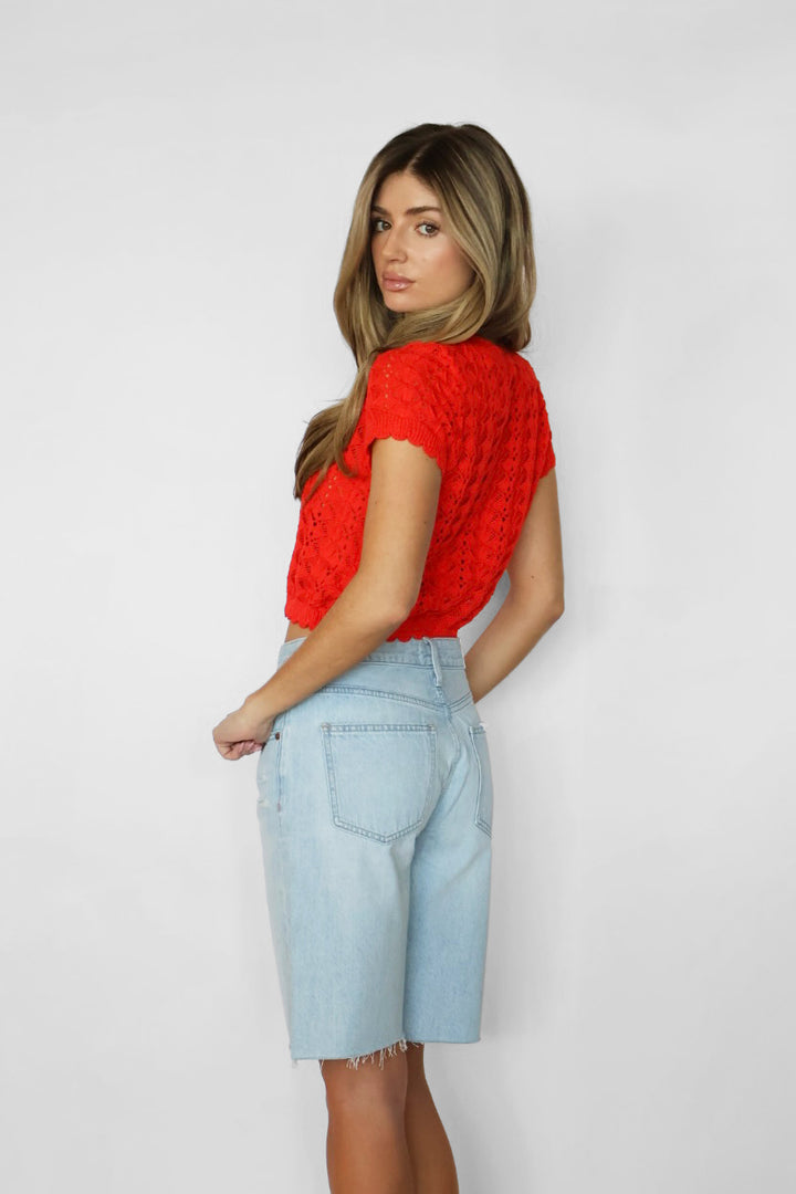 Pointelle Crochet Short Sleeve Cardigan