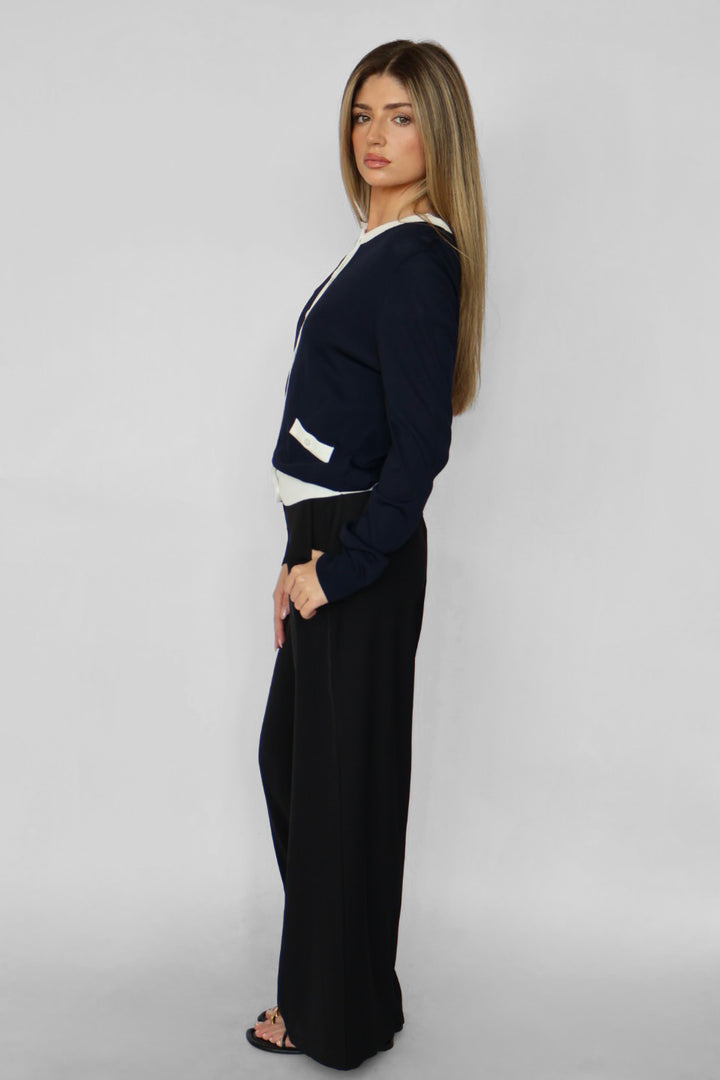 Contrast Trim Classic Button Cardigan