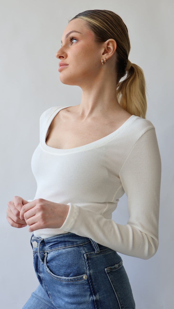 SPECIAL PRICE - Ribbed Cotton Scoop Neck Long Sleeve Top