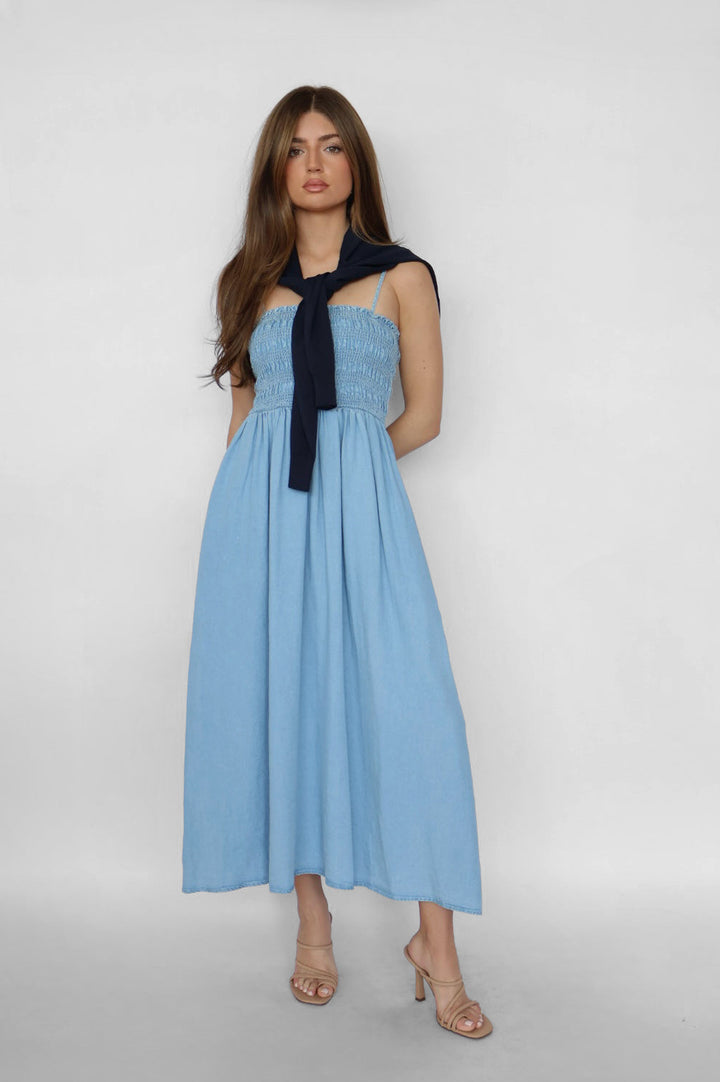 Chambray Smocked Top Midi Dress