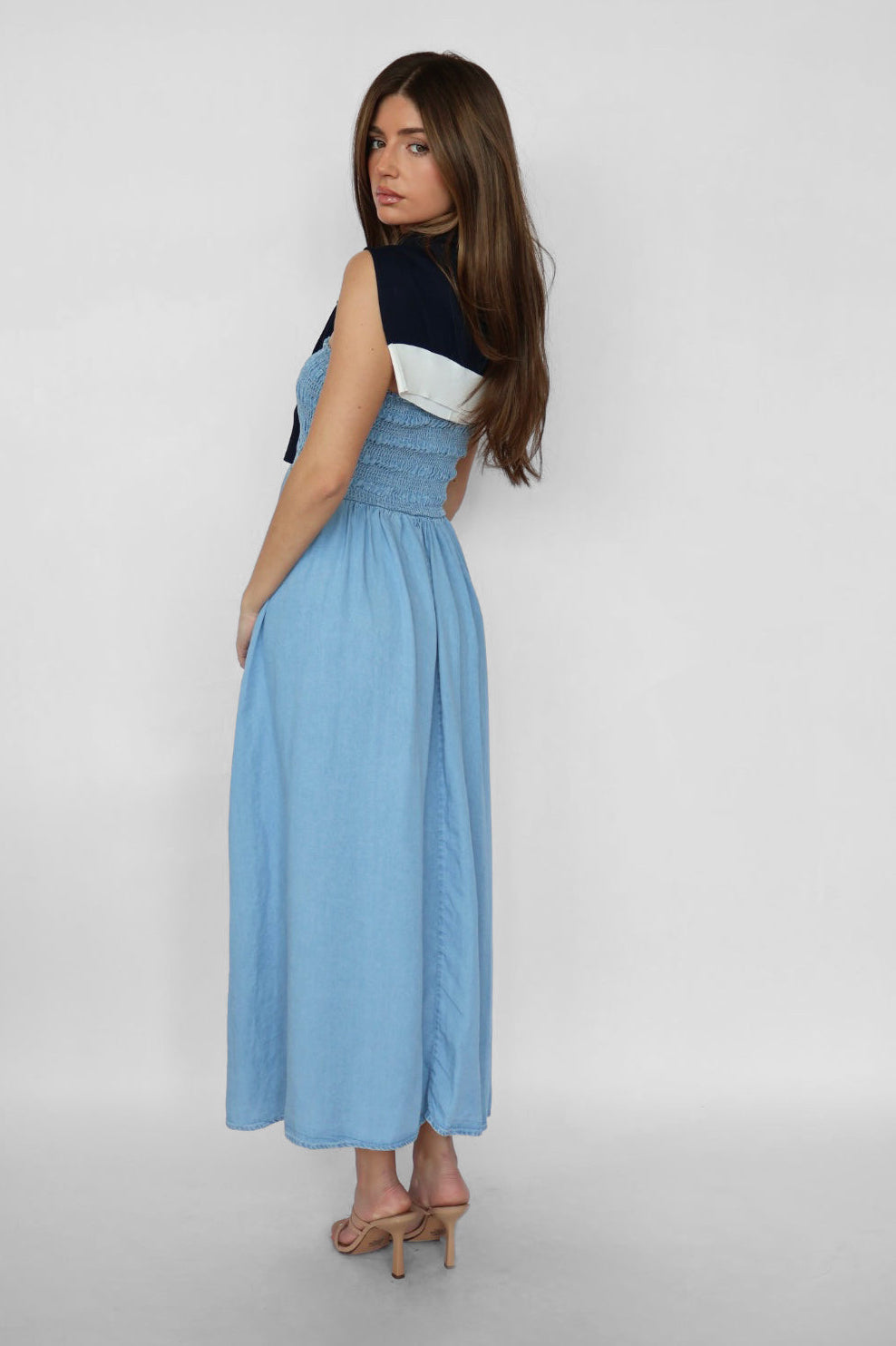 Chambray Smocked Top Midi Dress