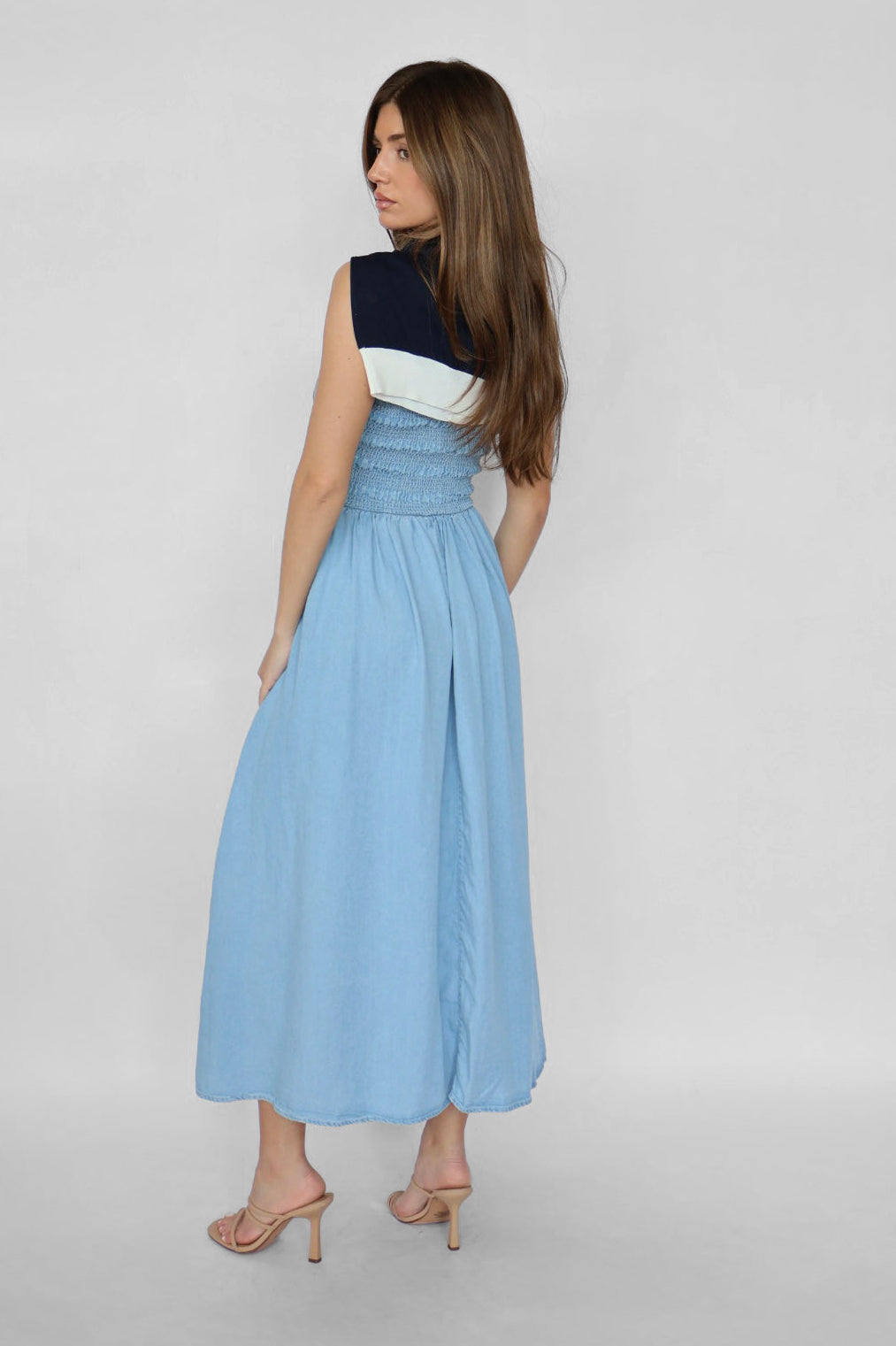 Chambray Smocked Top Midi Dress