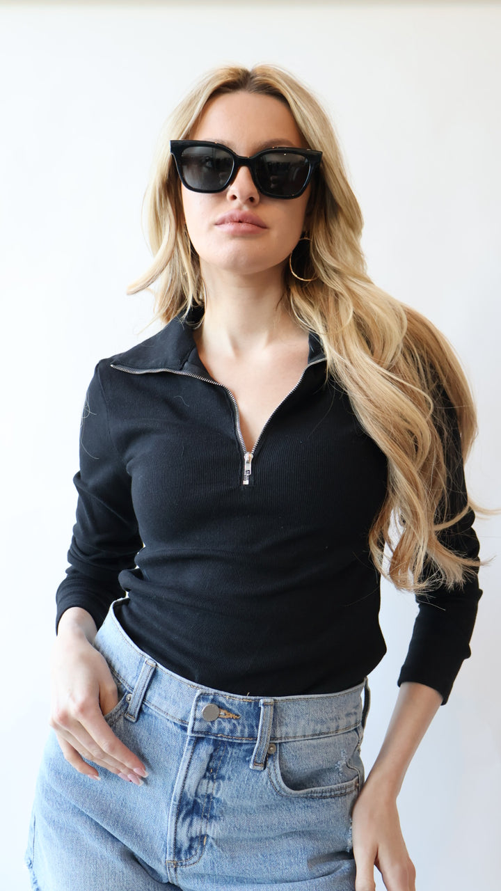 Loren Ribbed Cotton Zip Long Sleeve Top