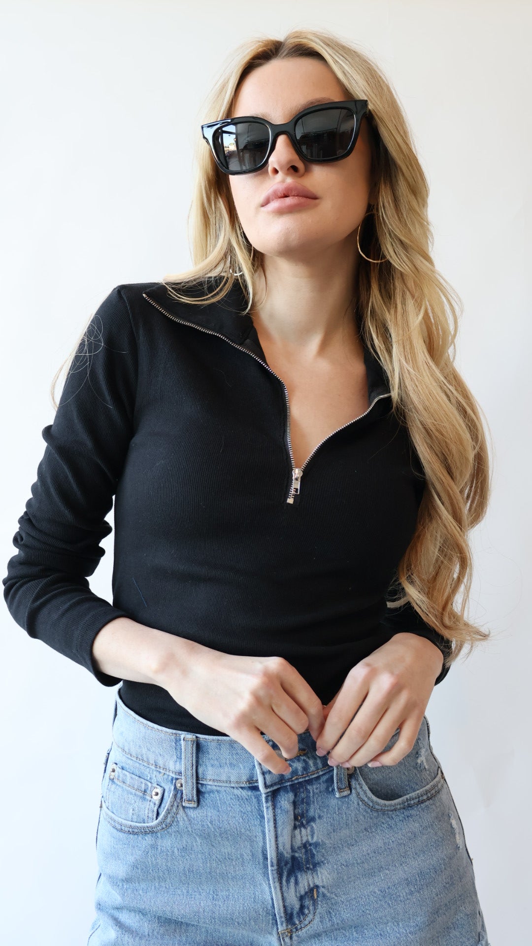 Loren Ribbed Cotton Zip Long Sleeve Top