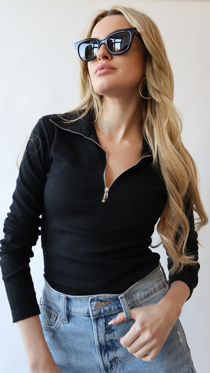 Loren Ribbed Cotton Zip Long Sleeve Top