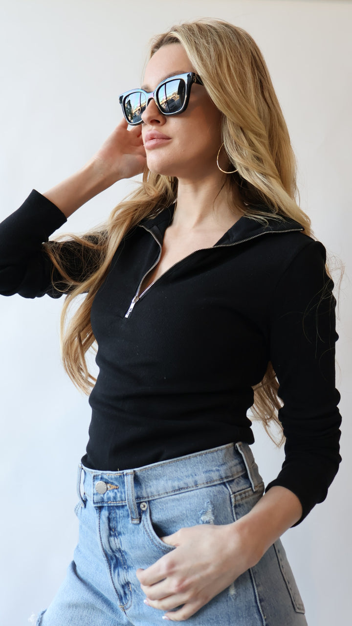 Loren Ribbed Cotton Zip Long Sleeve Top