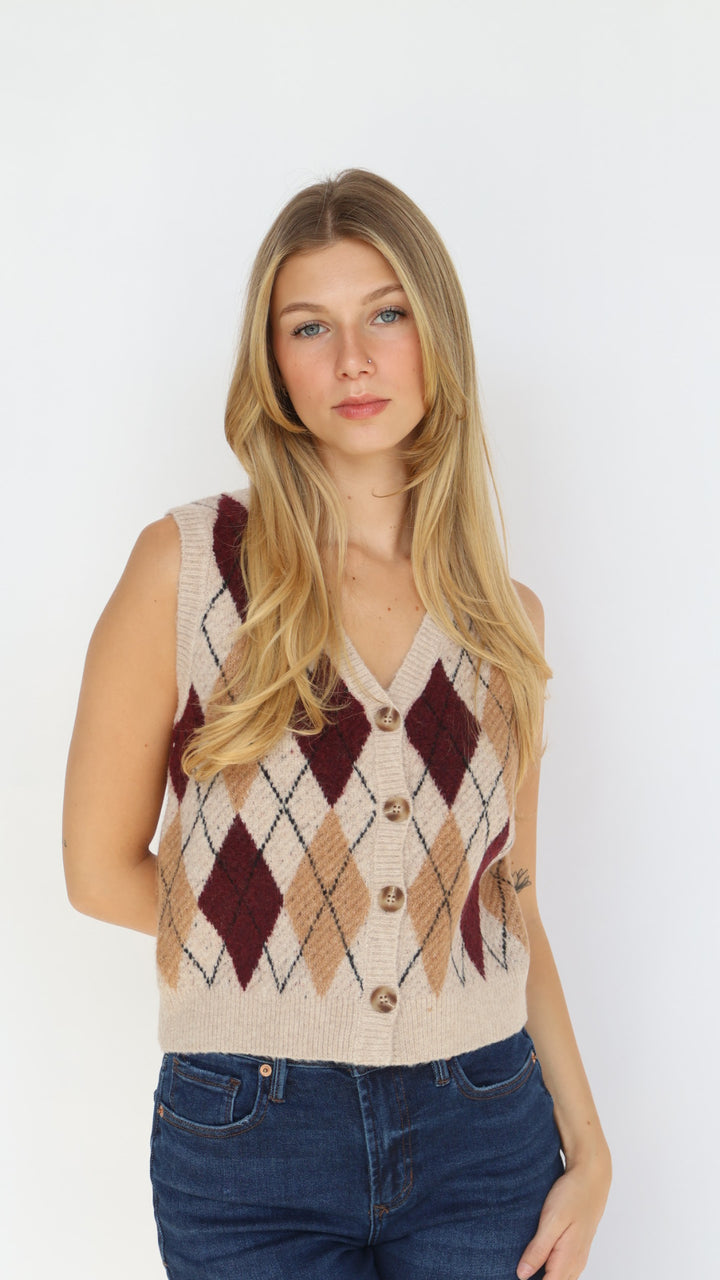 Argyle Pattern Button Down Vest