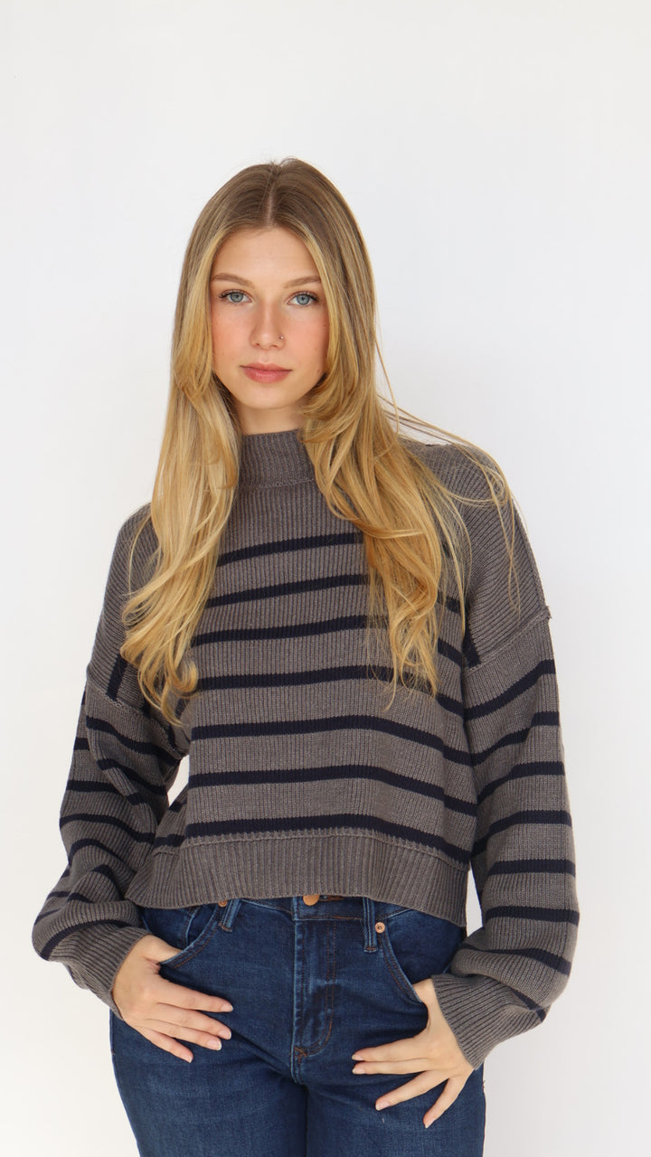 Loose Fit Mock Neck Stripe Sweater