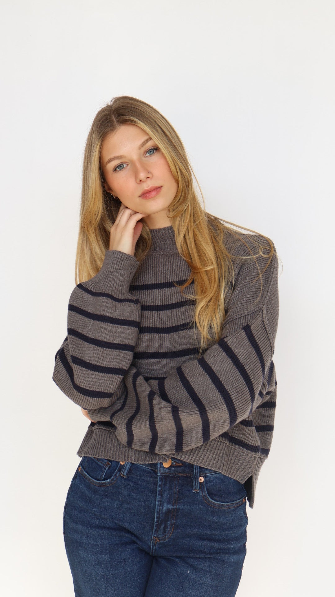 Loose Fit Mock Neck Stripe Sweater