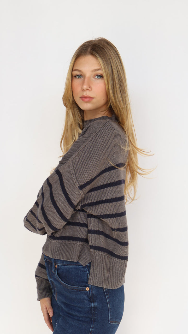 Loose Fit Mock Neck Stripe Sweater