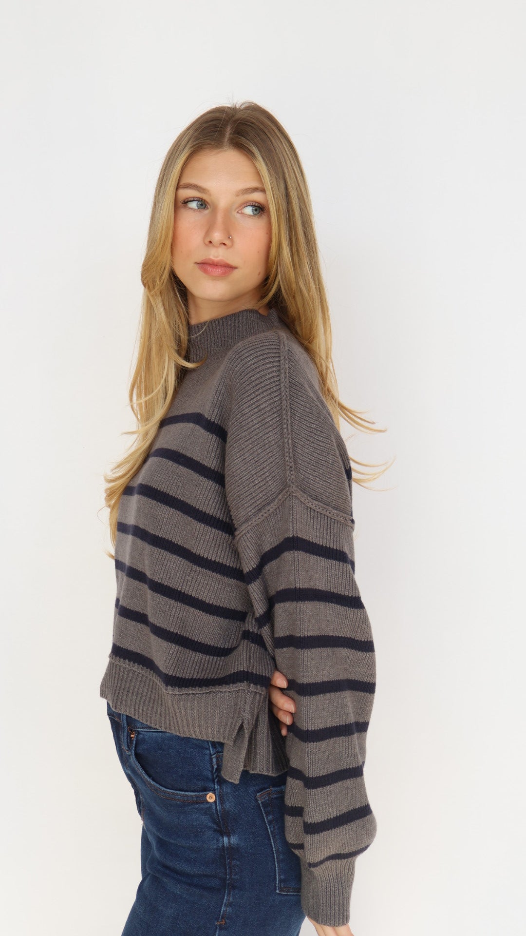 Loose Fit Mock Neck Stripe Sweater