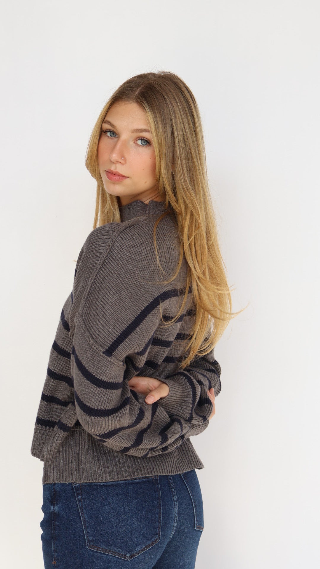 Loose Fit Mock Neck Stripe Sweater