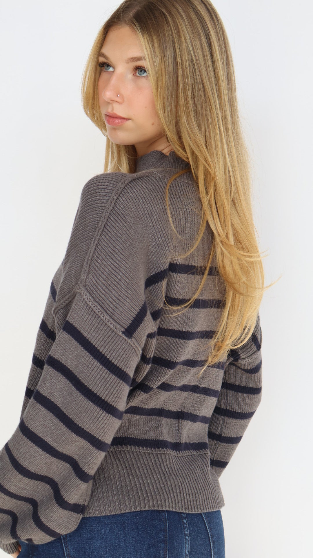 Loose Fit Mock Neck Stripe Sweater