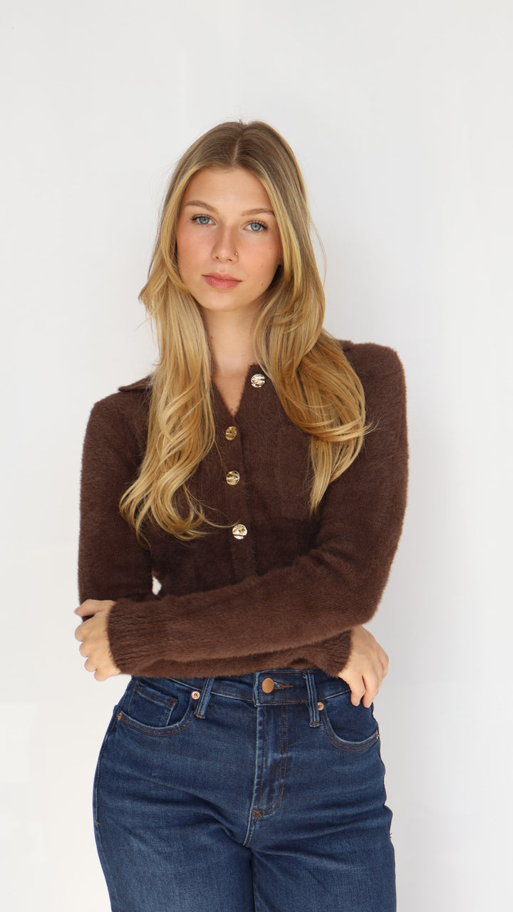 Double Pocket Gold Button Eyelash Sweater