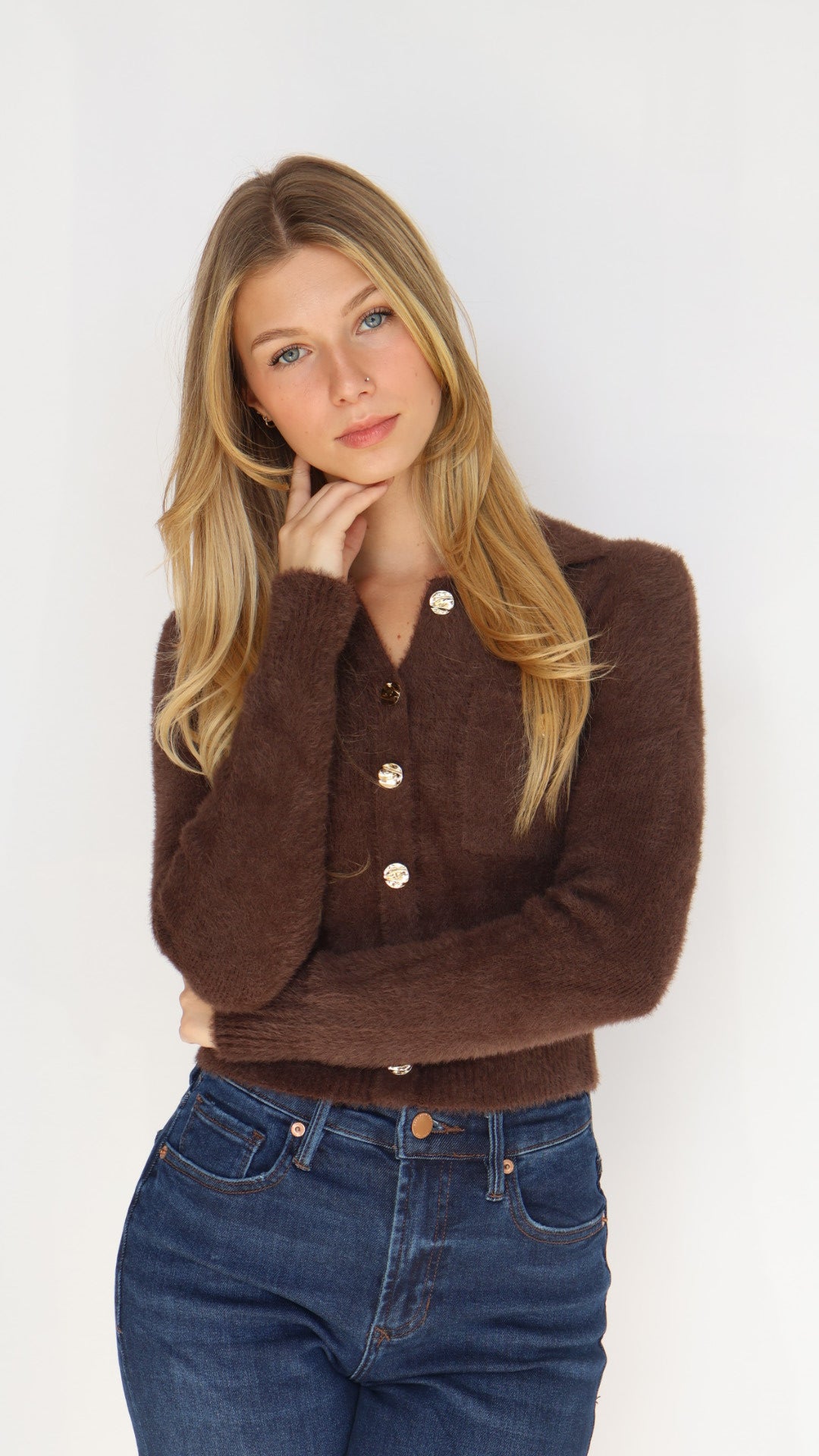 Double Pocket Gold Button Eyelash Sweater