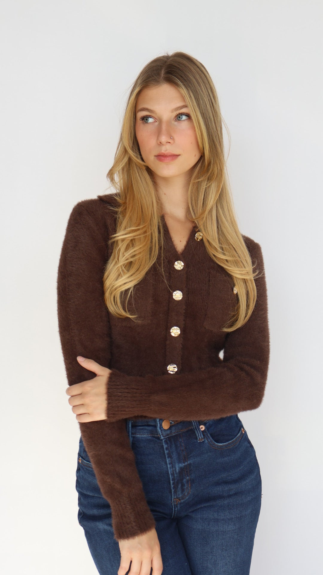 Double Pocket Gold Button Eyelash Sweater