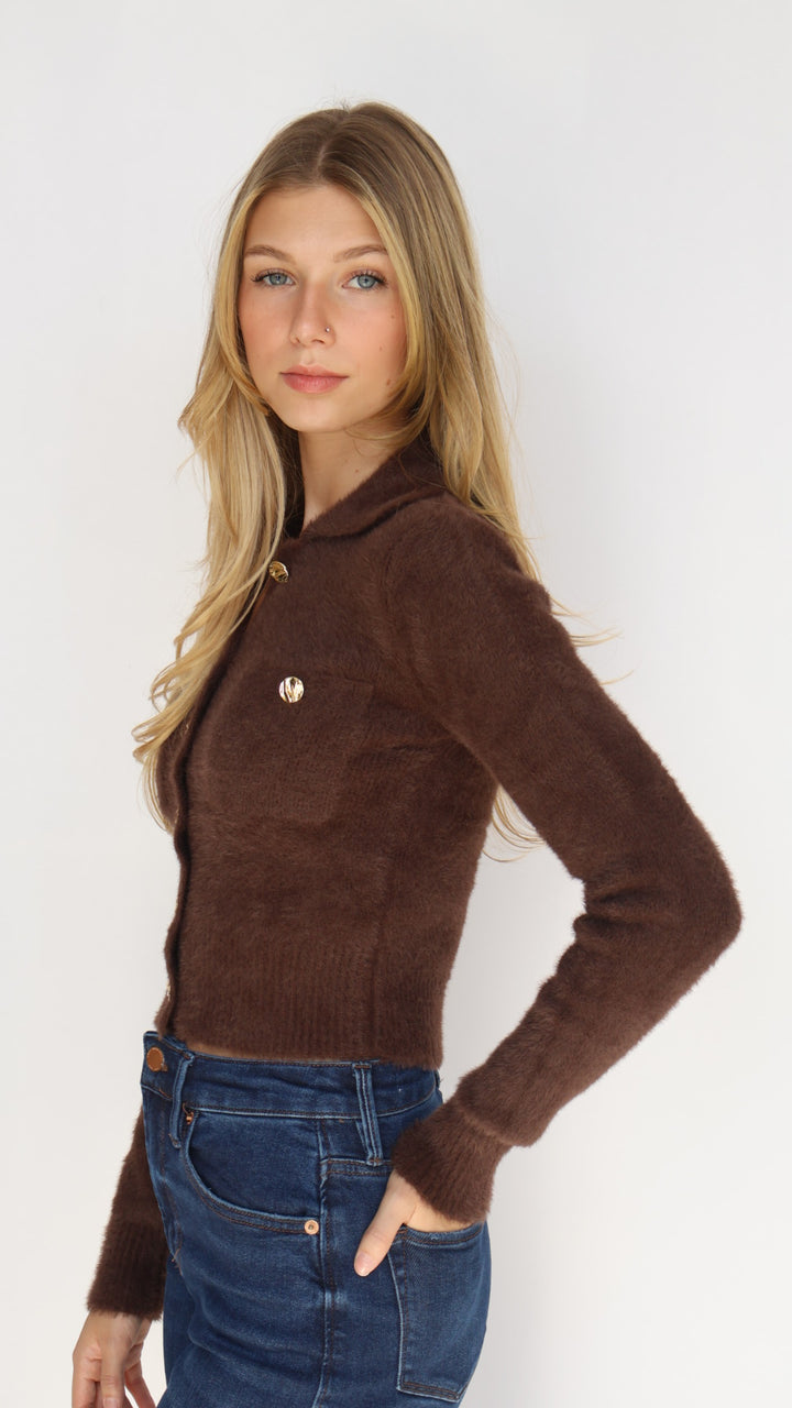 Double Pocket Gold Button Eyelash Sweater