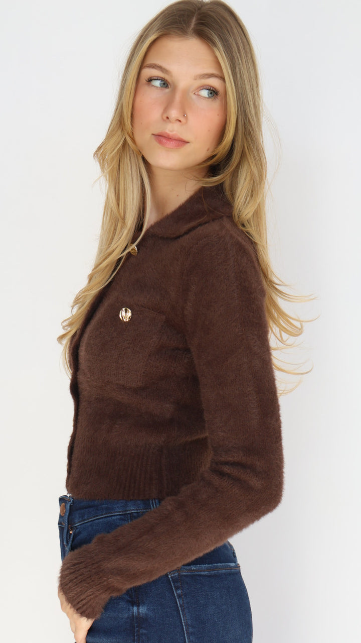 Double Pocket Gold Button Eyelash Sweater