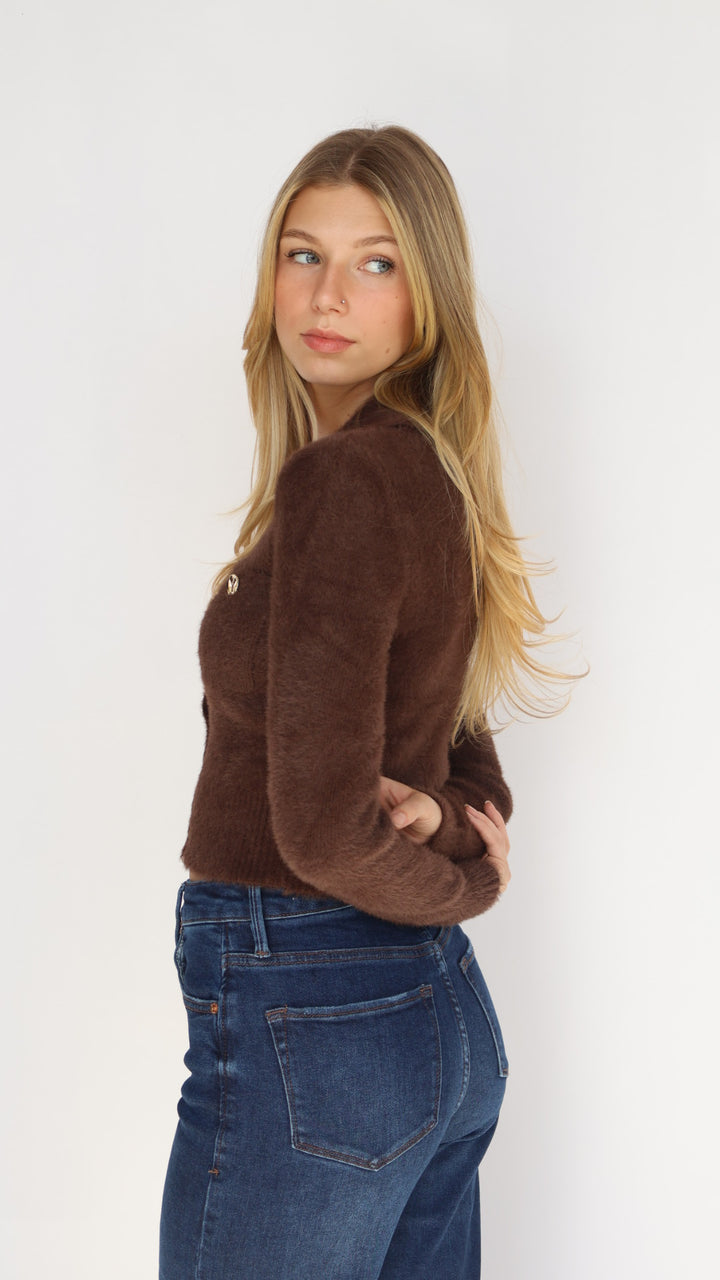 Double Pocket Gold Button Eyelash Sweater