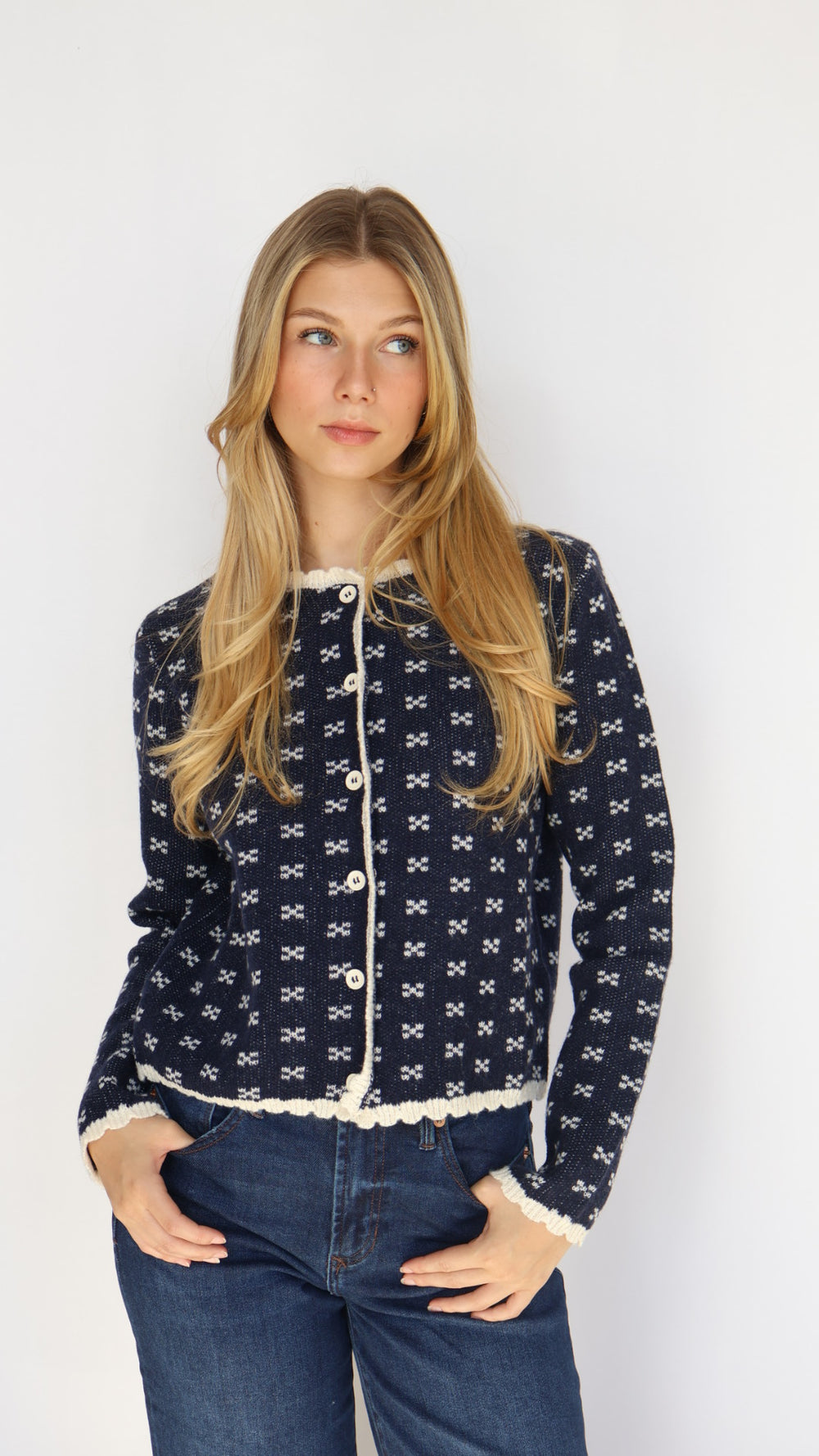 Navy Scallop Trim Button Front Cardigan