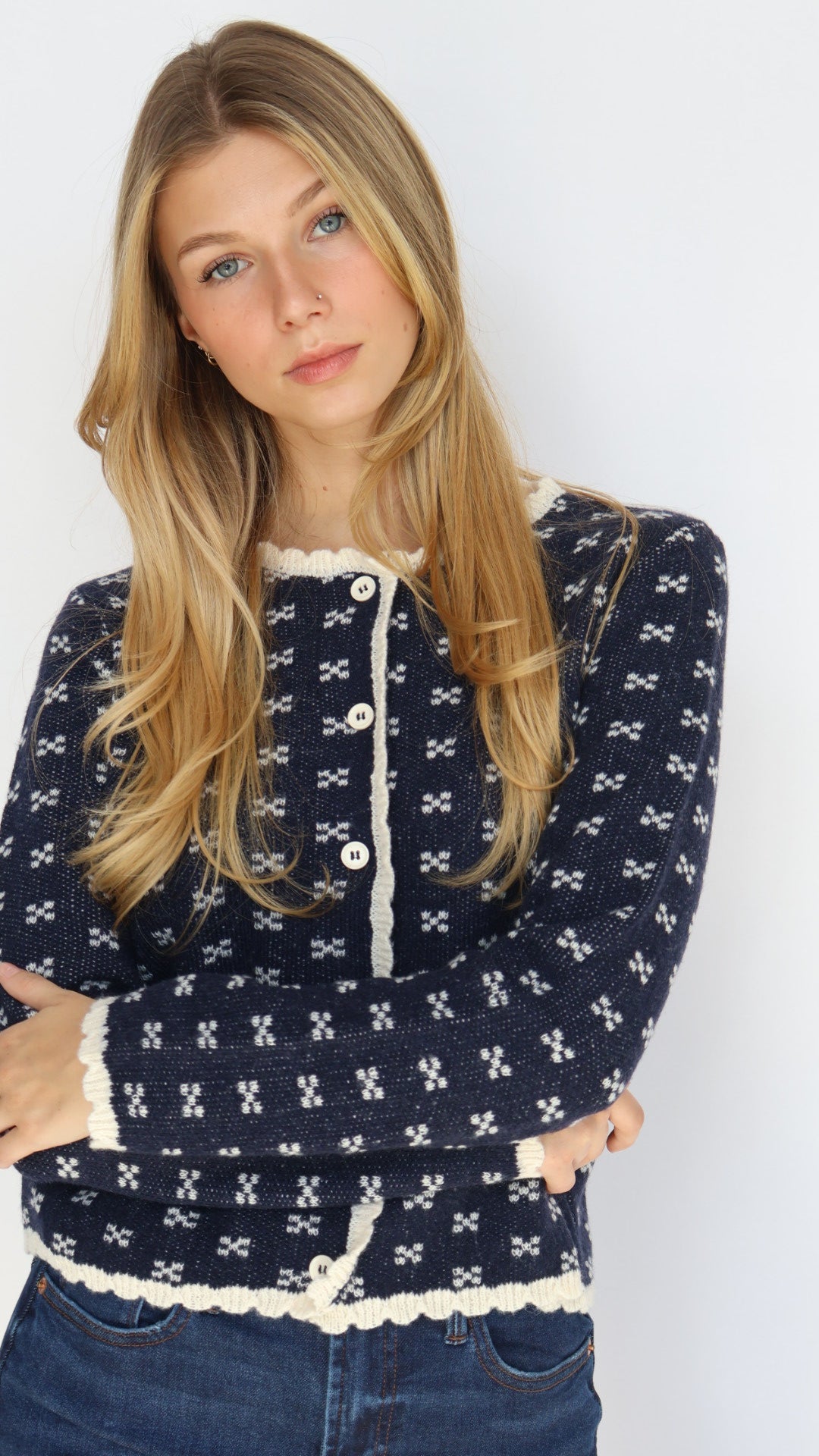 Navy Scallop Trim Button Front Cardigan