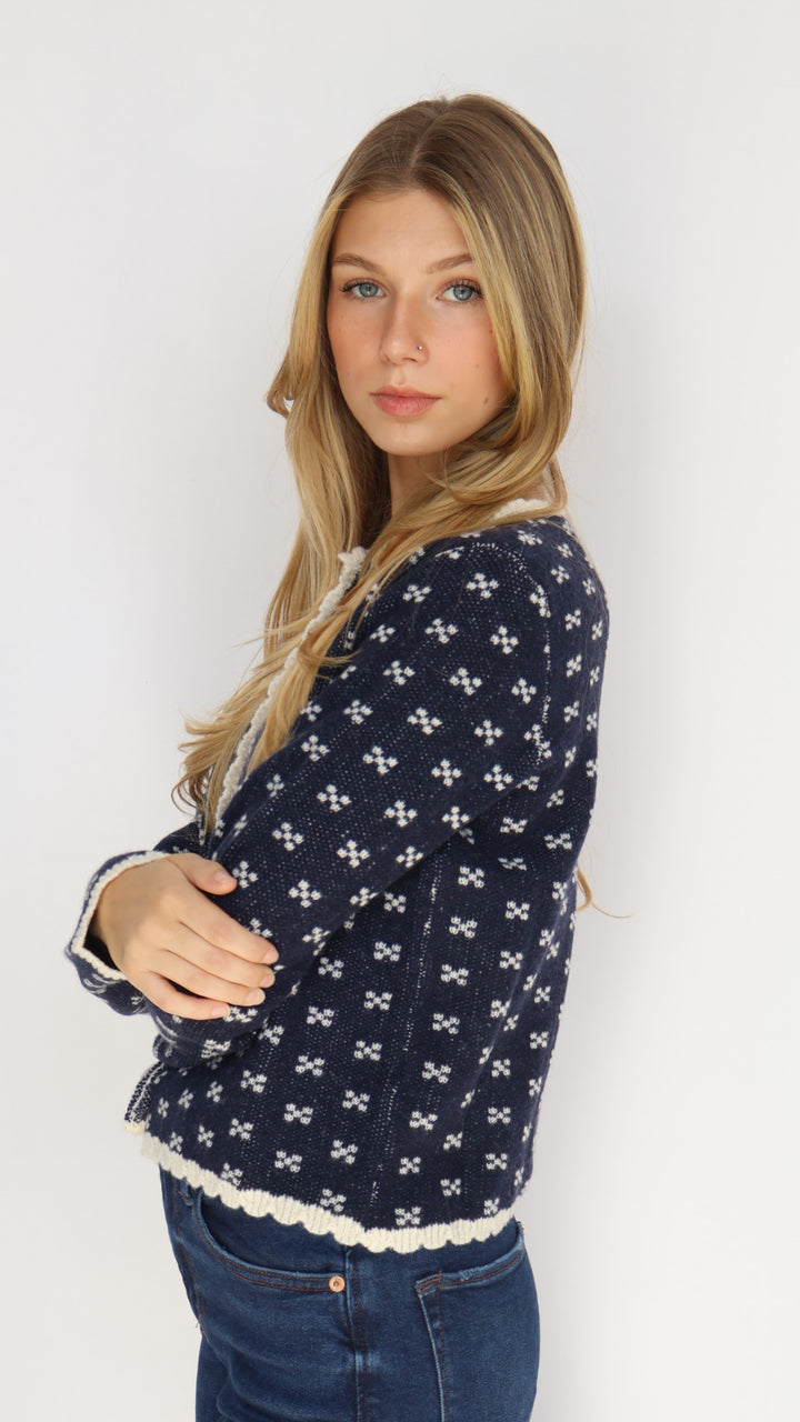 Navy Scallop Trim Button Front Cardigan