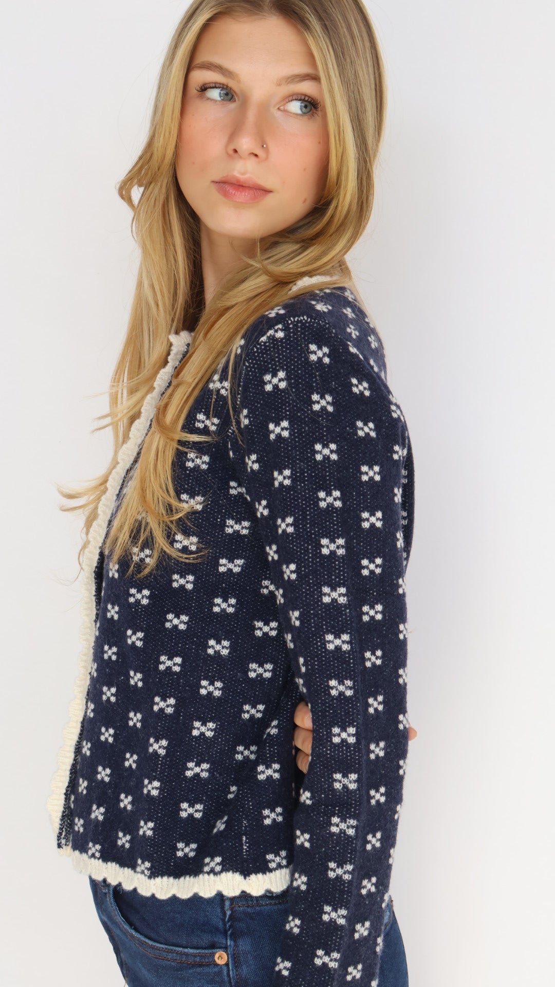 Navy Scallop Trim Button Front Cardigan