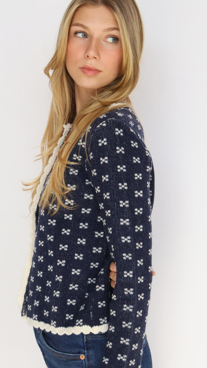 Navy Scallop Trim Button Front Cardigan