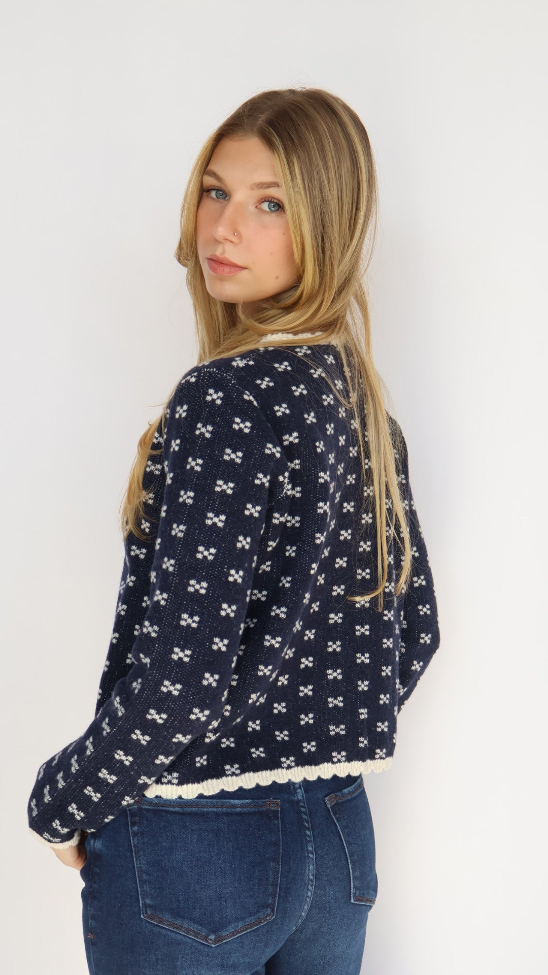 Navy Scallop Trim Button Front Cardigan