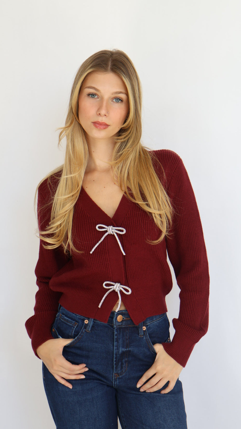 Rhinestone Bow Detail Knit Cardigan