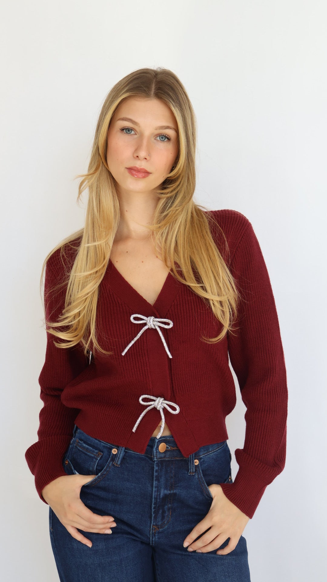 Rhinestone Bow Detail Knit Cardigan