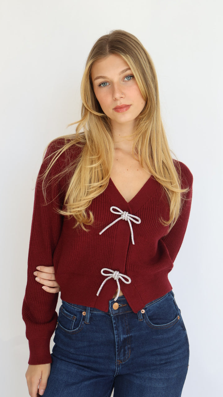 Rhinestone Bow Detail Knit Cardigan