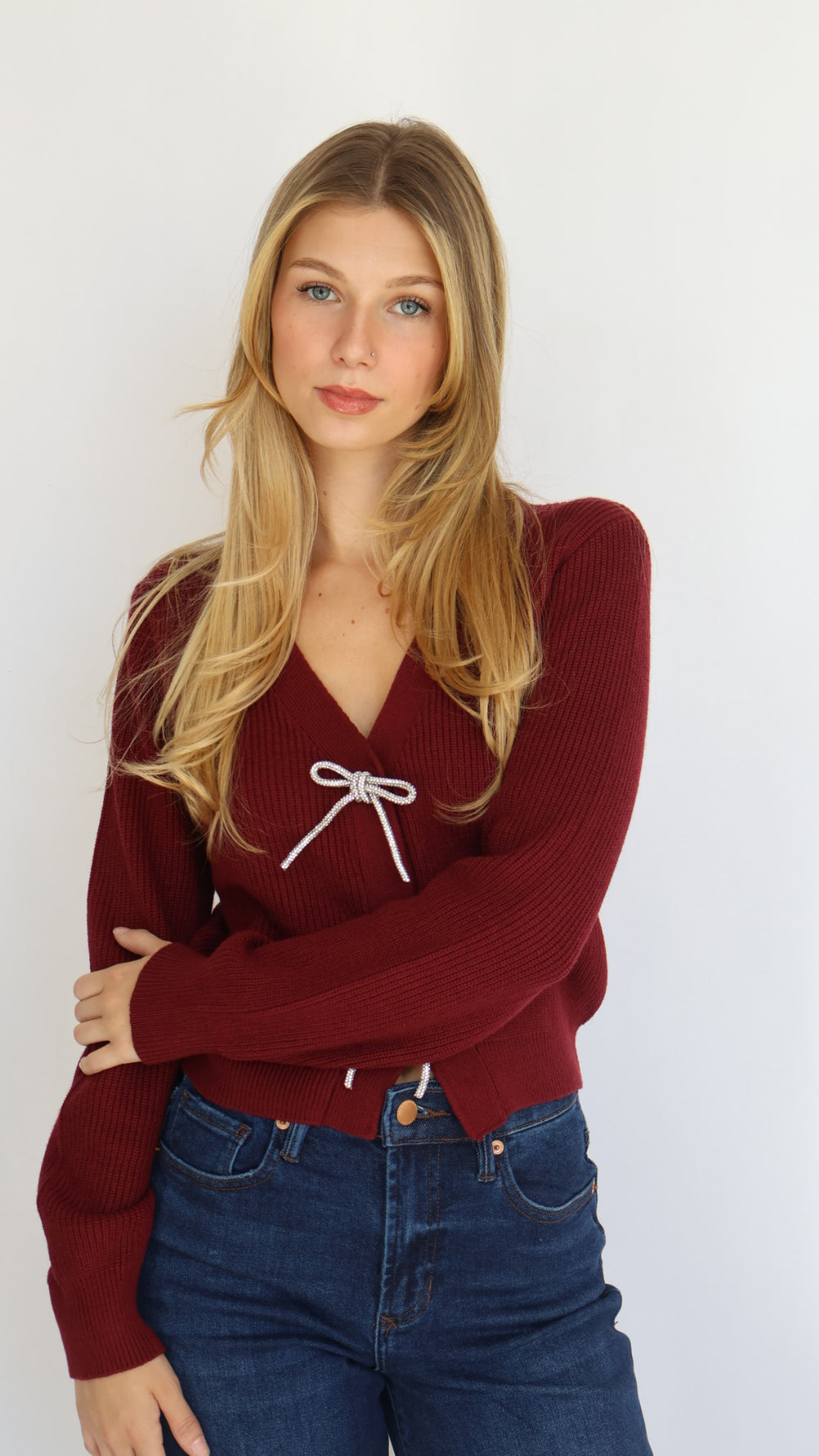 Rhinestone Bow Detail Knit Cardigan