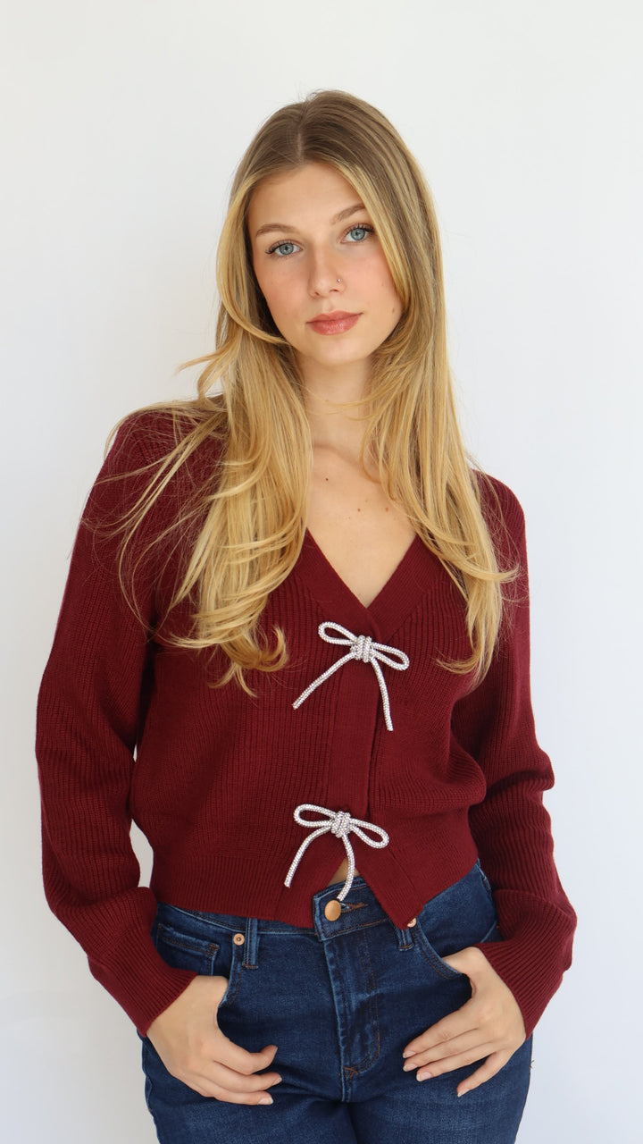 Rhinestone Bow Detail Knit Cardigan