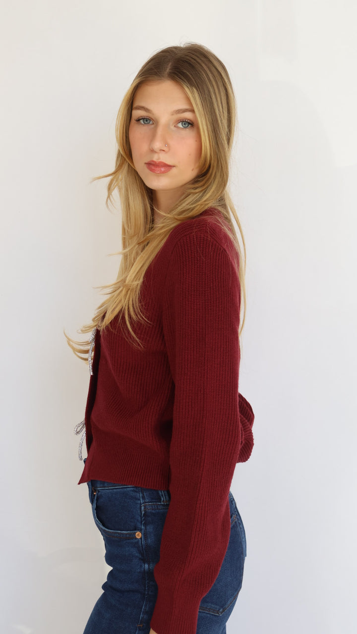 Rhinestone Bow Detail Knit Cardigan
