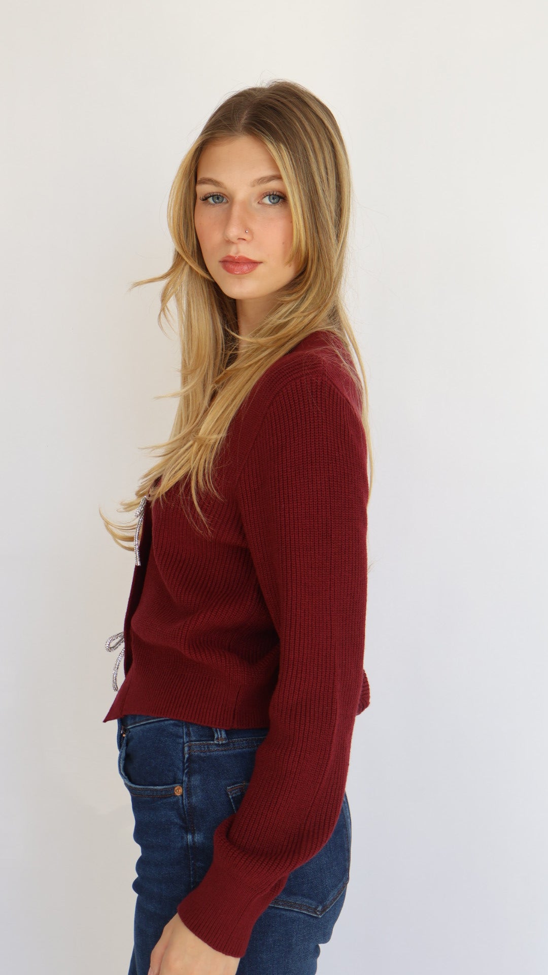 Rhinestone Bow Detail Knit Cardigan