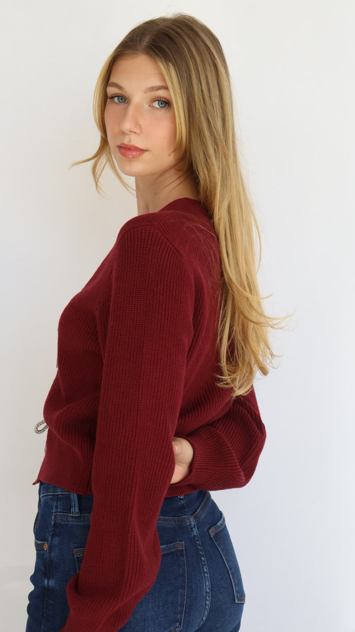 Rhinestone Bow Detail Knit Cardigan