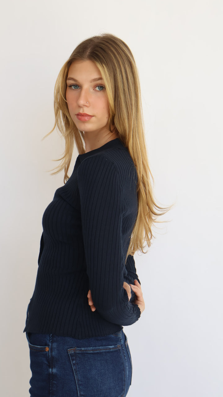 Ribbed Knit Collared Cutout Top