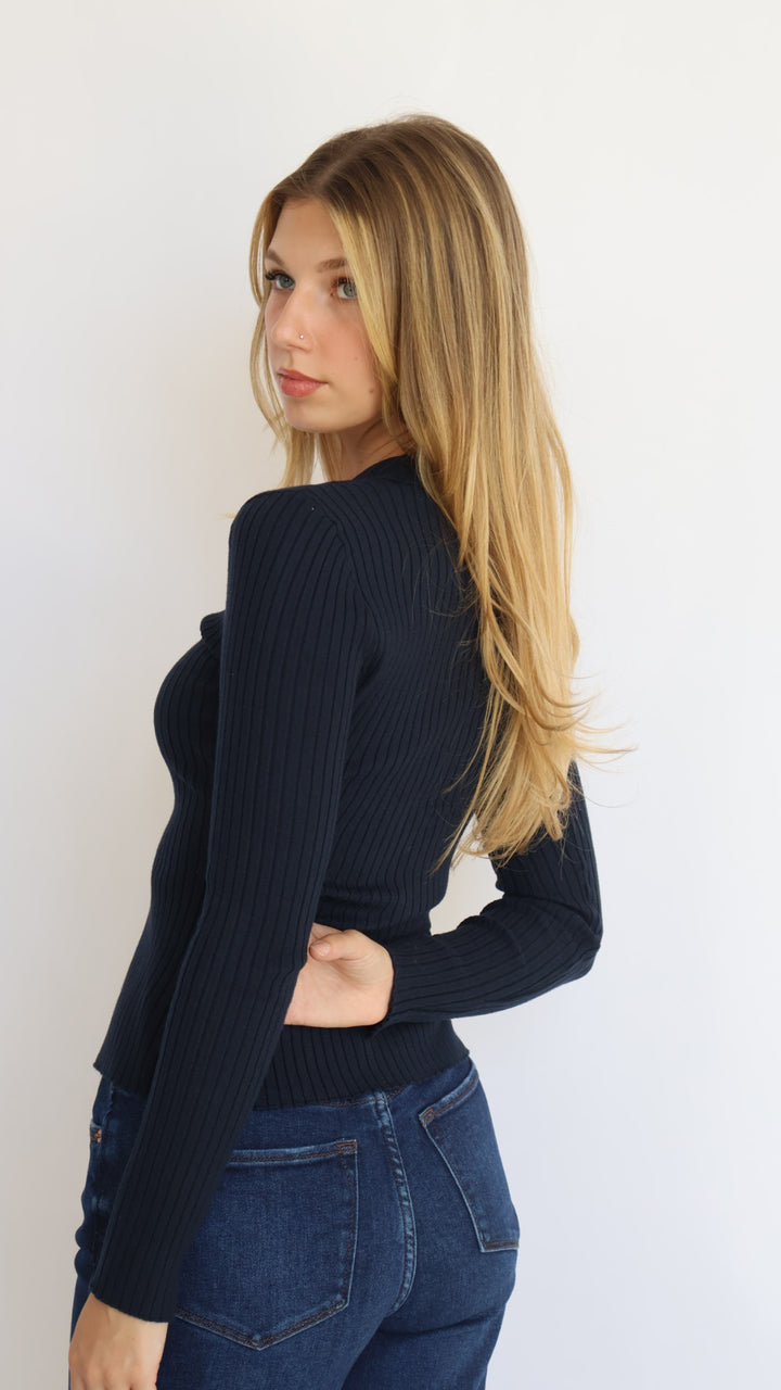 Ribbed Knit Collared Cutout Top