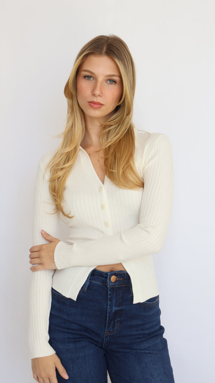 Ribbed Knit Collared Cutout Top