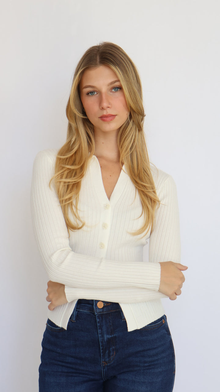 Ribbed Knit Collared Cutout Top