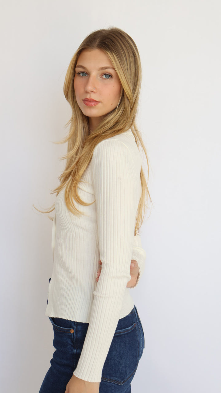 Ribbed Knit Collared Cutout Top