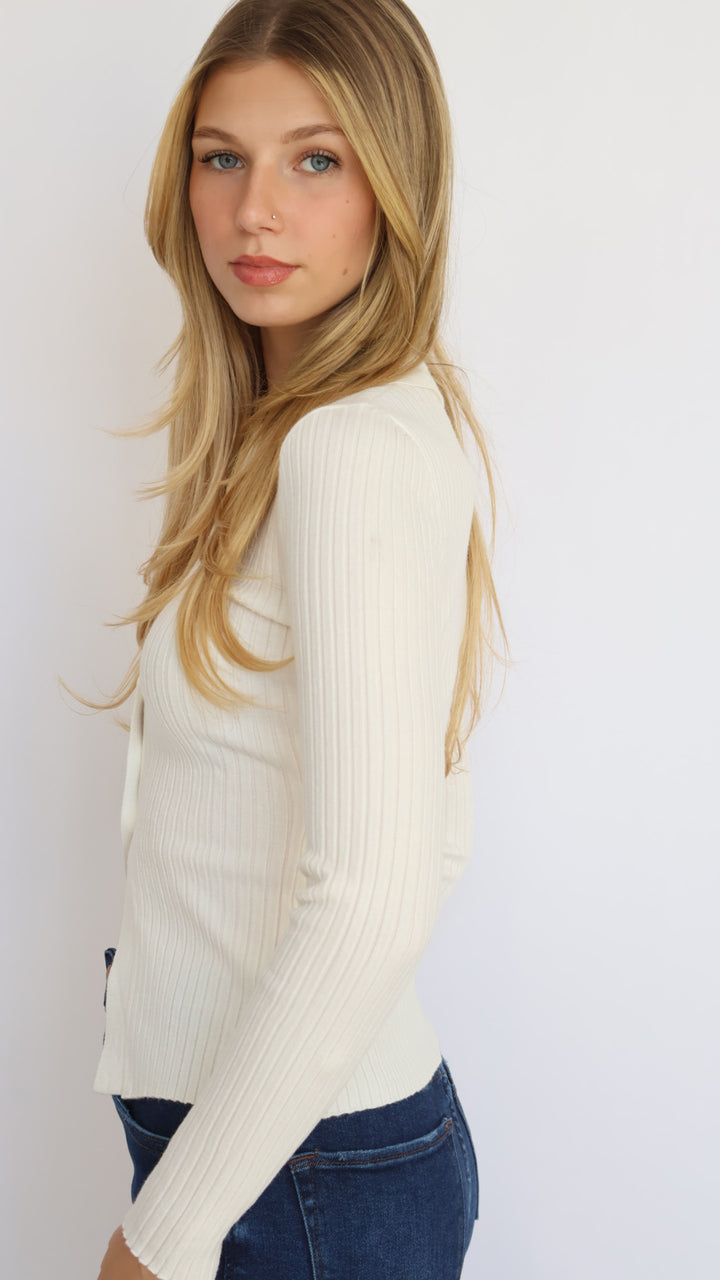 Ribbed Knit Collared Cutout Top