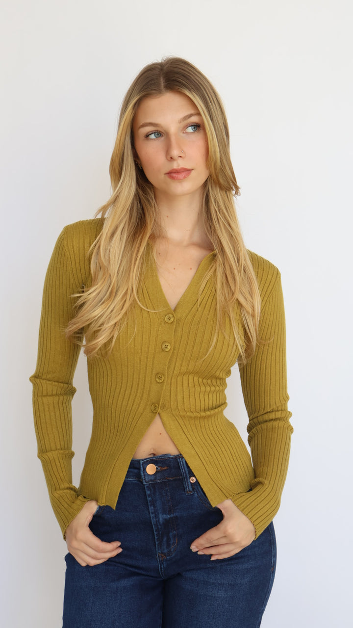 Ribbed Knit Collared Cutout Top