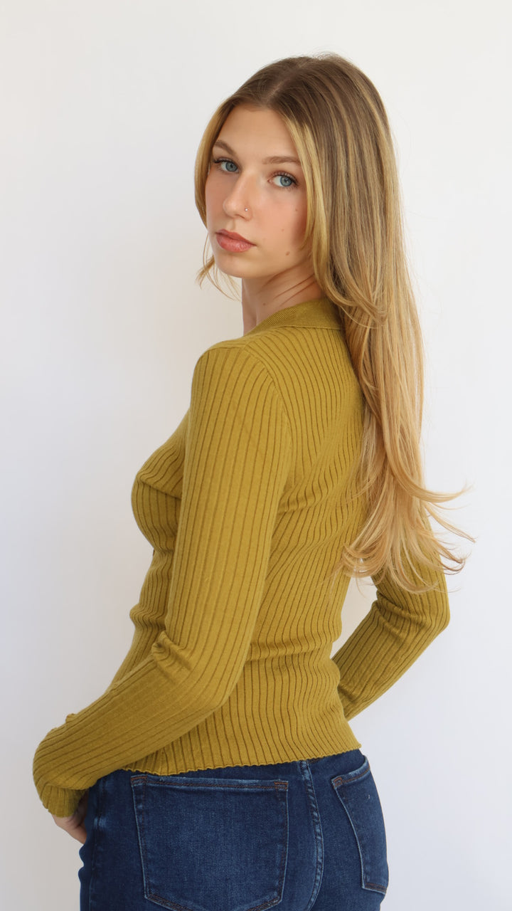 Ribbed Knit Collared Cutout Top