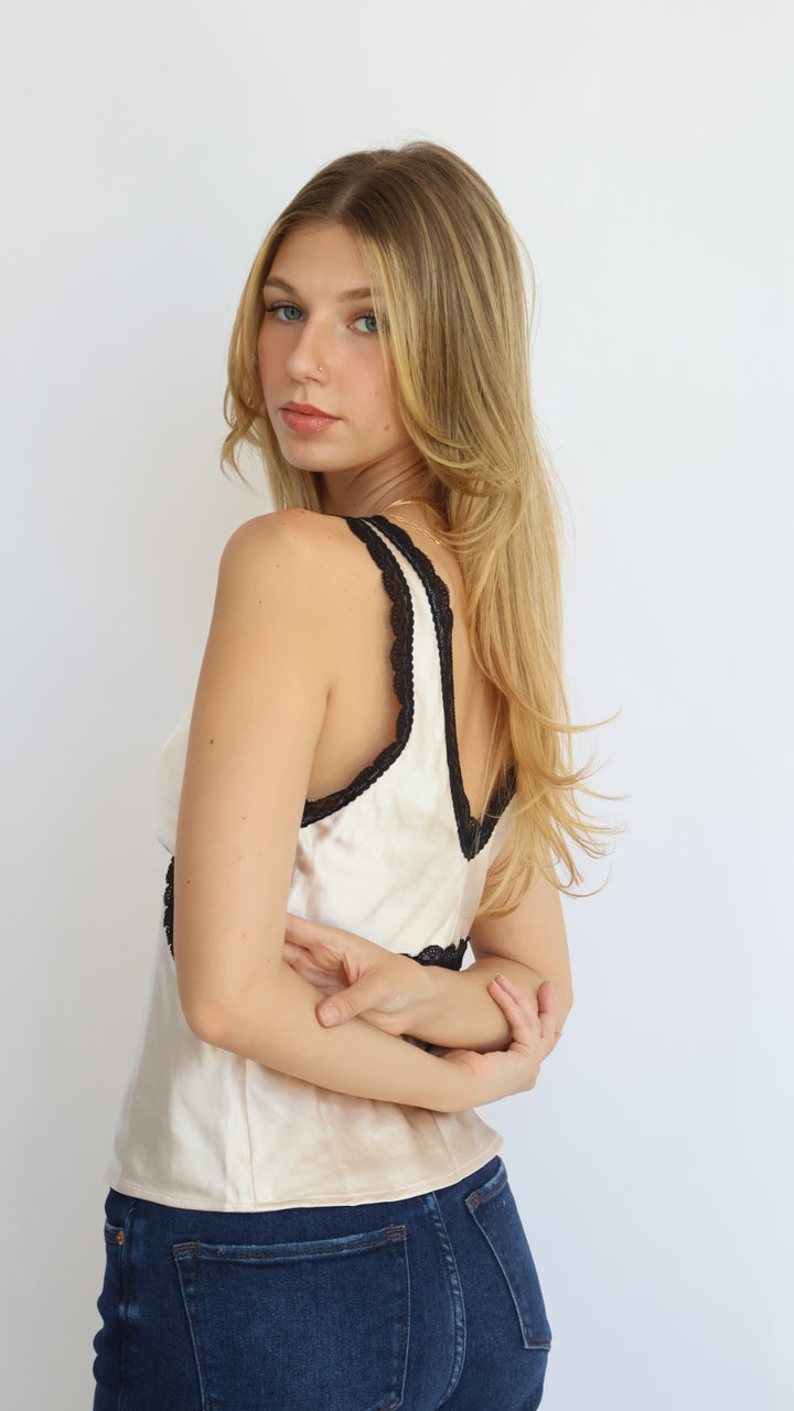 Black Lace Contrast Ivory Satin Tank