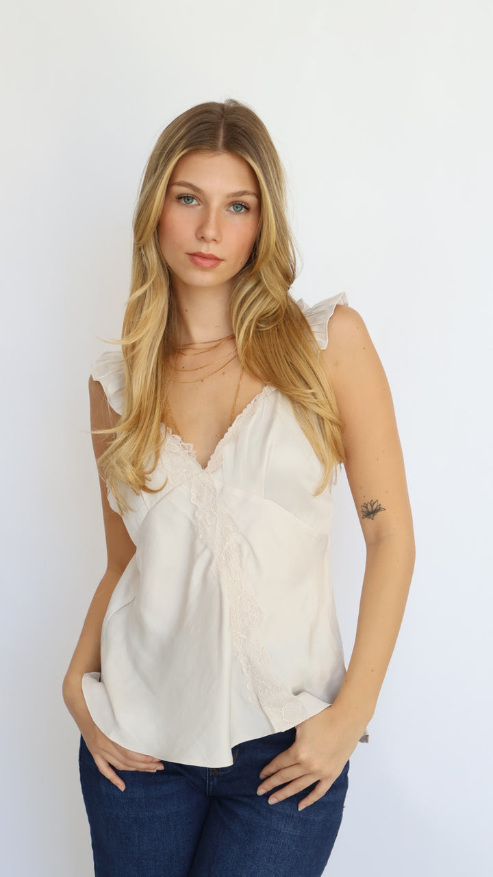 Lace Trim Flutter Sleeve Satin Top