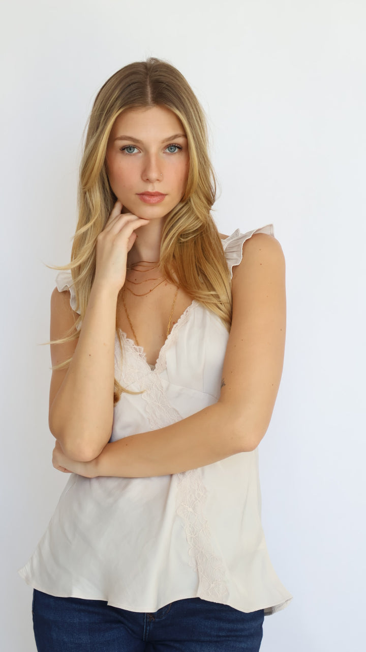 Lace Trim Flutter Sleeve Satin Top